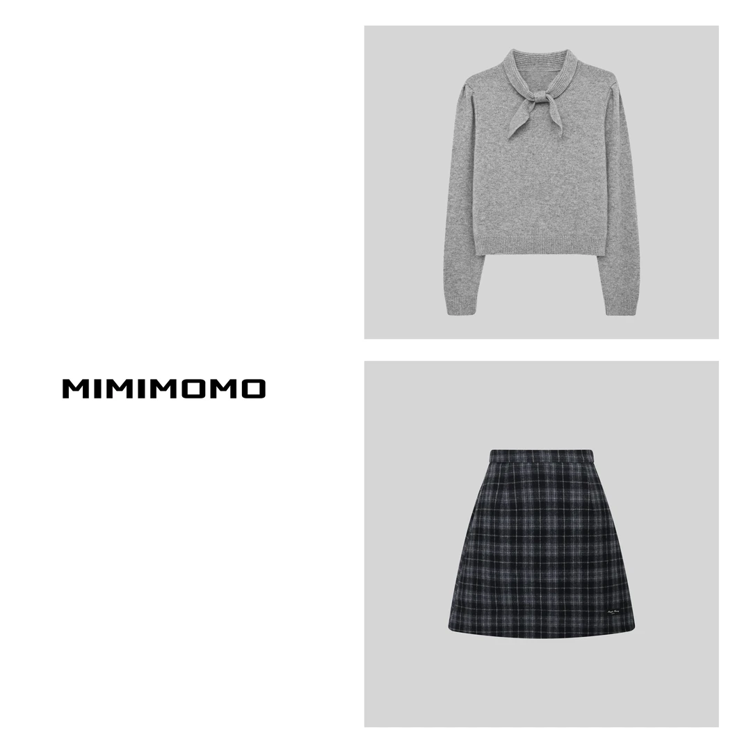 MIMO觅墨「极简从绒」55%羊毛/ 蝴蝶结毛衣格子半裙套装