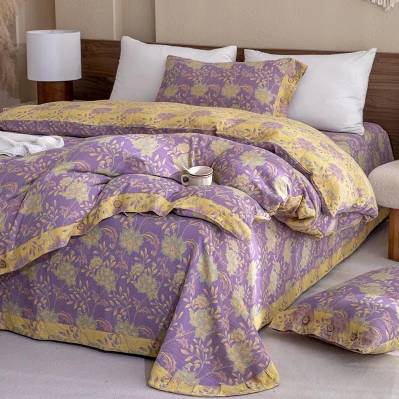 【爆款新花色】舒适透气高级感双层纱四件套-【如梦花语紫(纽扣)】