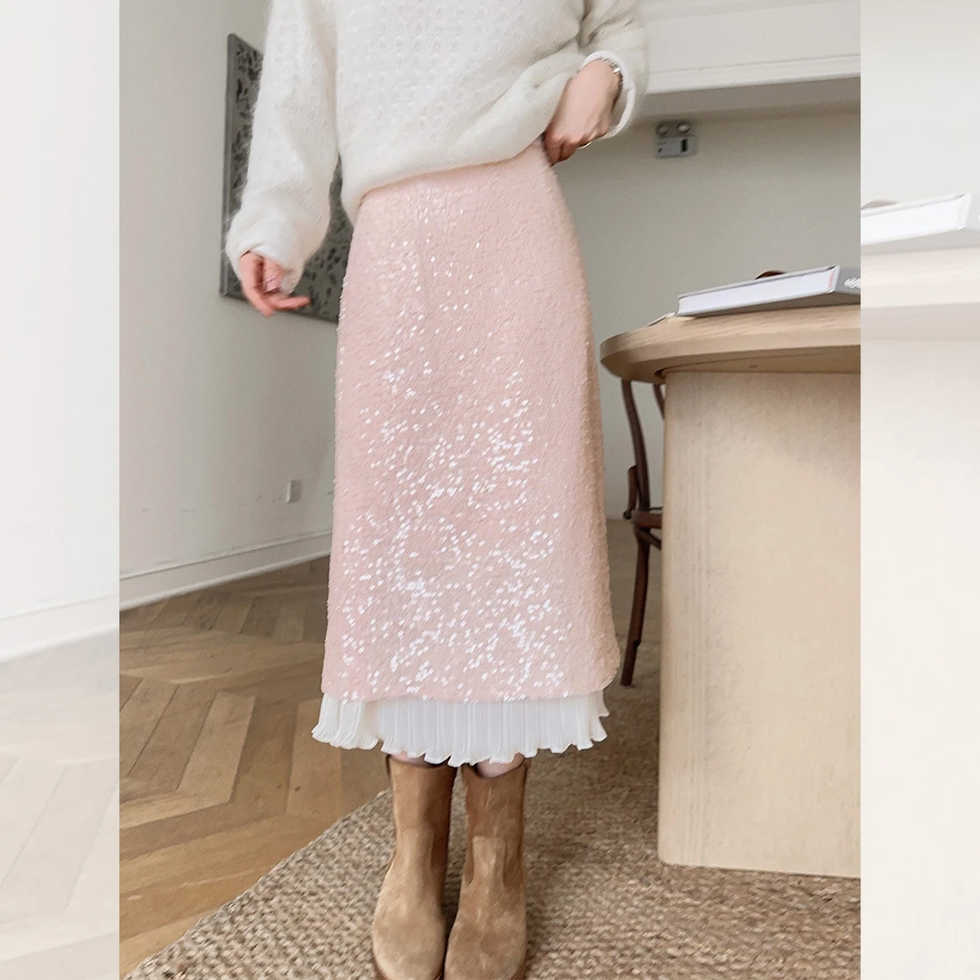 莉贝琳sisy亮片半裙女仙气温柔珠片拼接A字裙一步裙191851