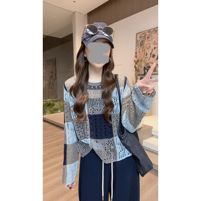 多巴胺方格撞色长袖针织衫t恤女2025春秋新款宽松显瘦打底衫上衣