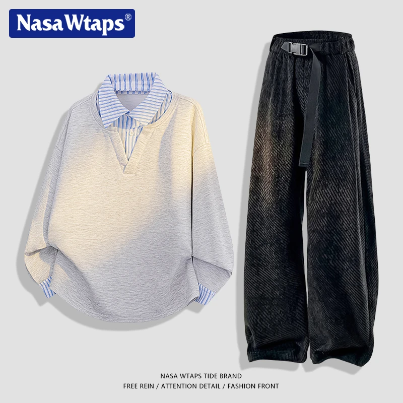 NASA WTAPS美式假两件翻领卫衣套装男款春秋季宽松百搭情侣两件套