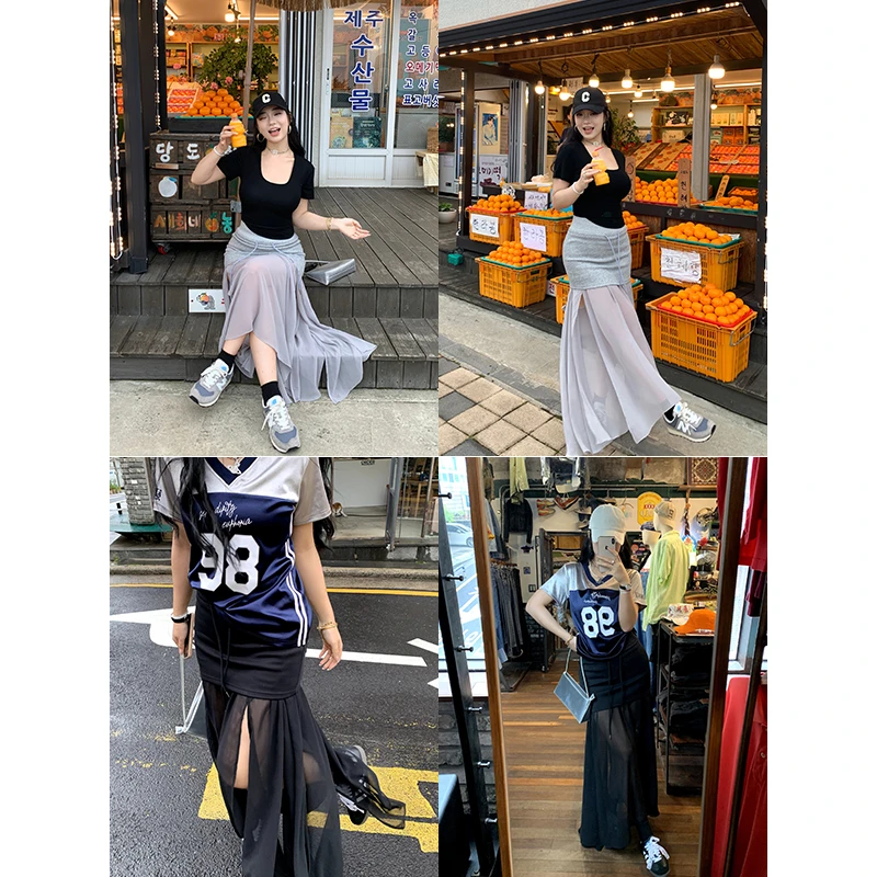 肉装小cherry 透纱浮光 微胖宽腰头设计半裙叠穿轻薄空气感雪纺裙