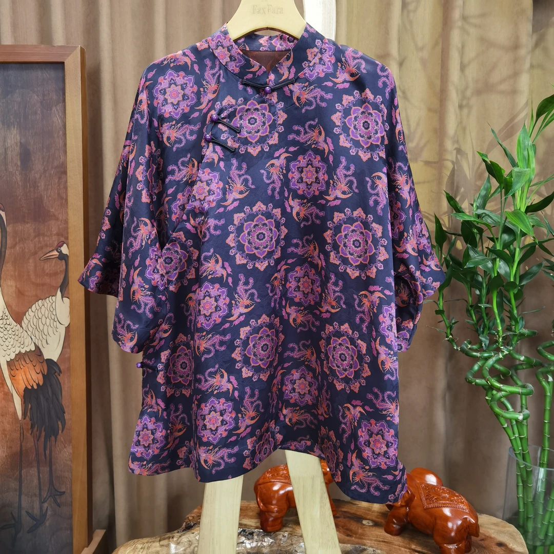 富美国风香云纱太太服F0112宝相花蓝底