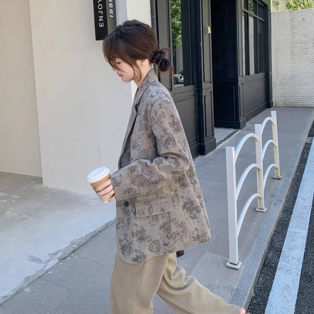 韩系老钱风西装外套女2025秋季新款小个子印花设计感气质西服上衣