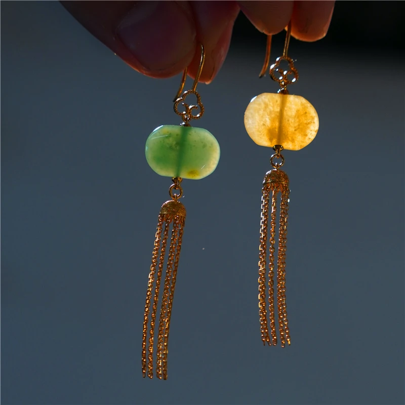 老坑种翡翠珠配18k金耳环