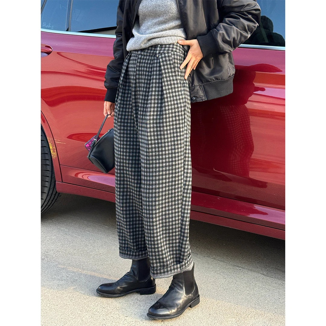 LANGQING 宽松松紧腰百搭秋冬呢子黑白格子裤46504/46807#