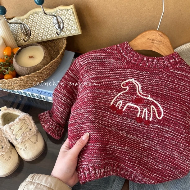 旋转木马·儿童2026新款年服红色可爱毛衣韩版洋气加厚针织衫男童