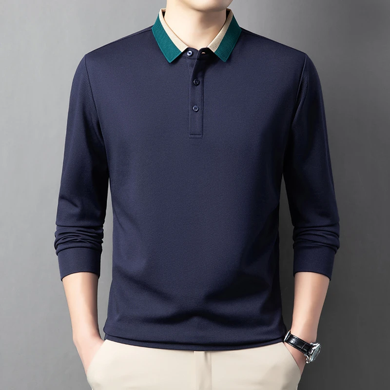 Louis Fordea路易弗狄男士长袖桑蚕丝高端无痕t抗皱轻商务polo衫