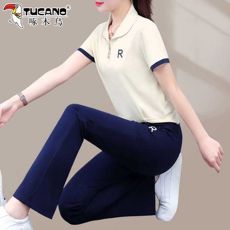 啄木鸟夏季运动套装女2025新款时尚洋气妈妈装冰丝短袖休闲两件套