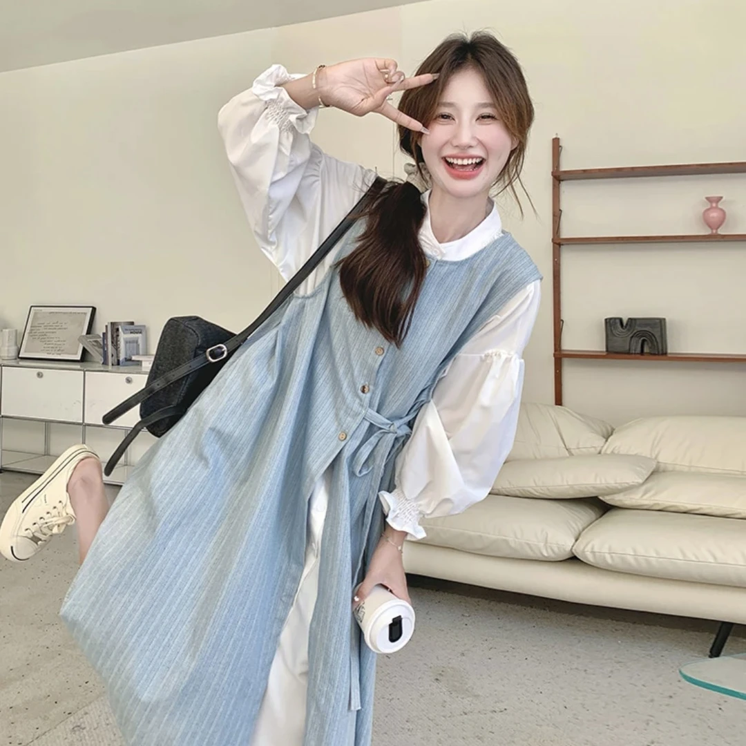 韩系叠穿开衫百搭衬衫裙牛仔背心套装