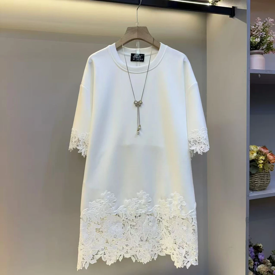 秋季新款韩版蕾丝钩花拼接洋气正肩长袖卫衣胖MM时髦女装上衣