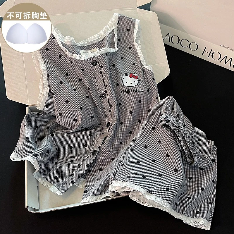 【海风和气泡水】带胸垫女款背心短裤睡衣轻氧空气感kitty波点套装