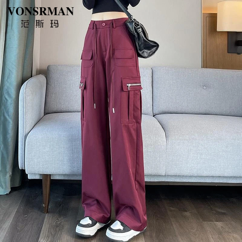 安可拉红美式工装裤女2025年春秋新款高腰显瘦窄版直筒宽松阔腿裤