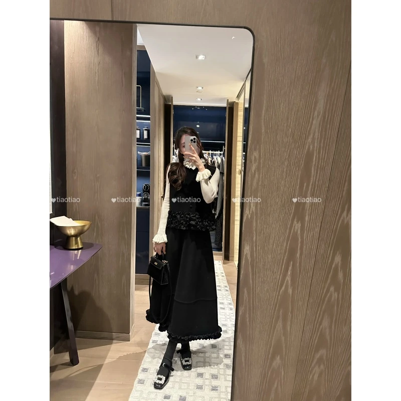 【甜美三件套】法式木耳边 温柔贵气拼接针织无袖时尚套装女冬