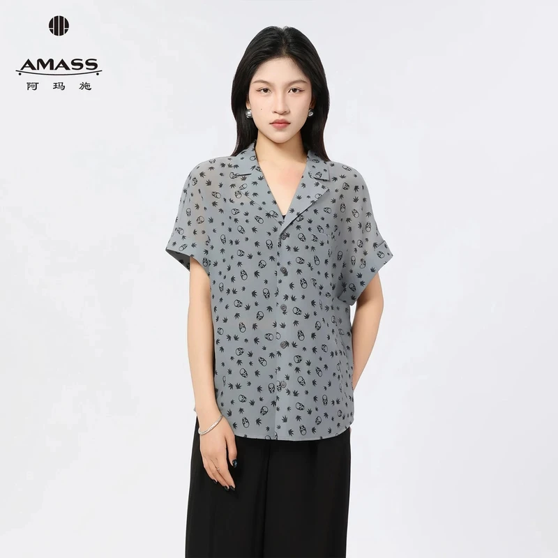 AMASS/阿玛施新款趣味印花新潮好看衬衣复古时髦翻领衬衫女530066
