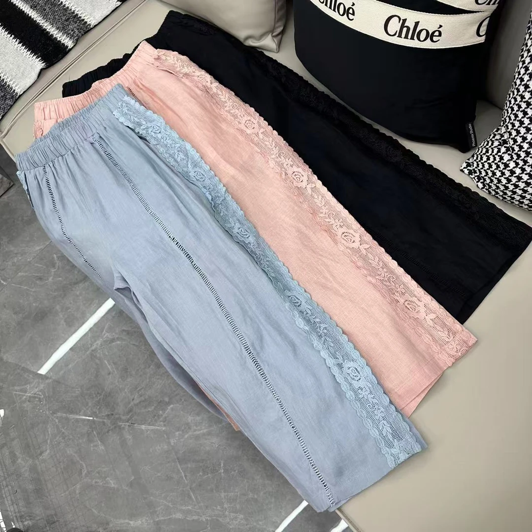 【娜娜推荐】2101潮牌设计师时尚百搭气质拼接设计感苎麻裤