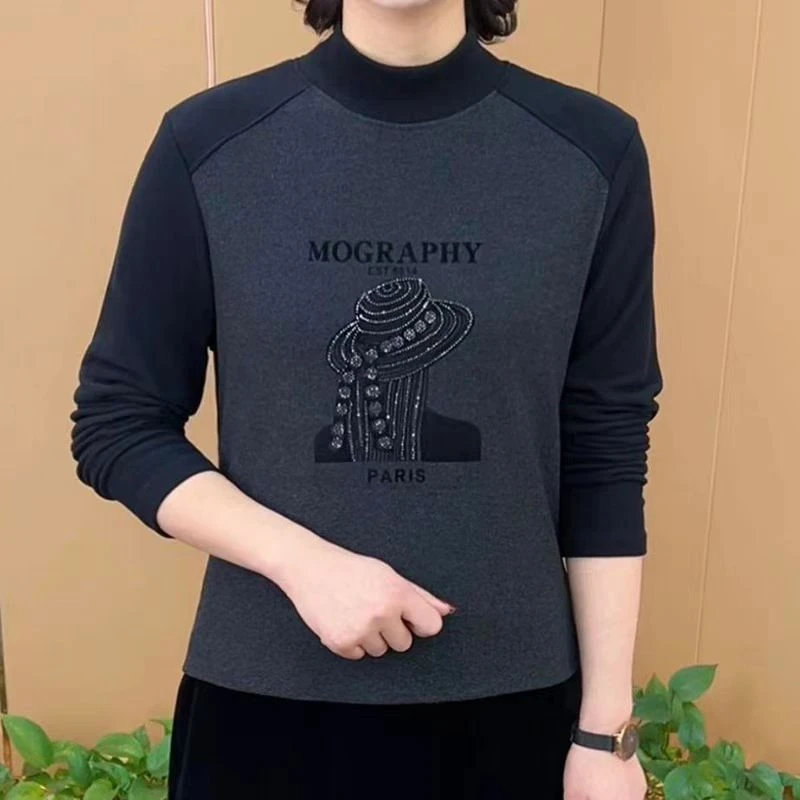 新款时尚双面德绒半高领拼色袖百搭气质遮肉显瘦打底上衣