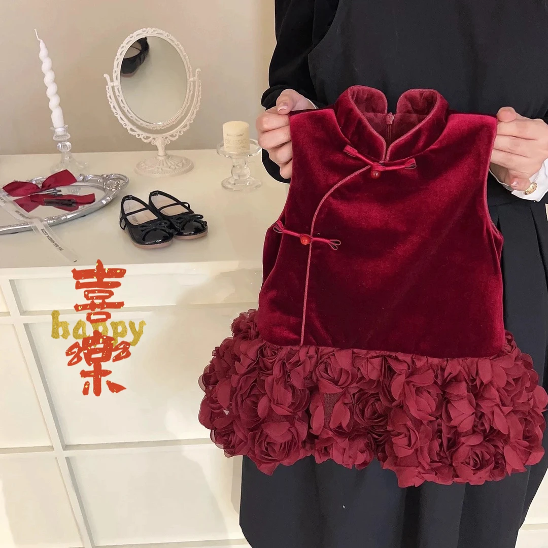 现货速发女童冬季加厚绒质春节新款红色女童冬季加厚新中式马面裙