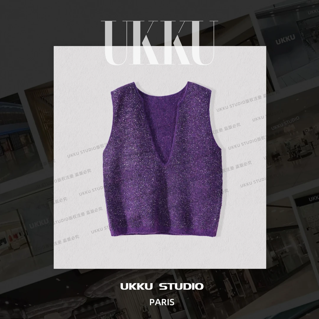 娟【UKKUSTUDIO】V领常规针织女马夹小香风女装气质时尚313308