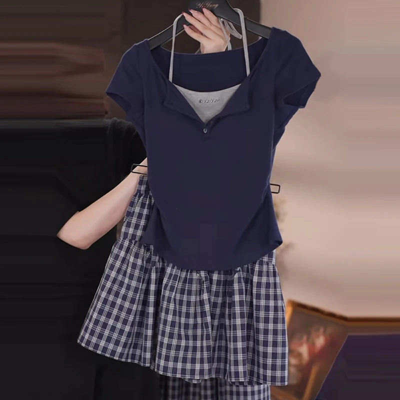 夏日美式学院风时尚气质设计感收腰系带上衣格纹显瘦半身裙子套装