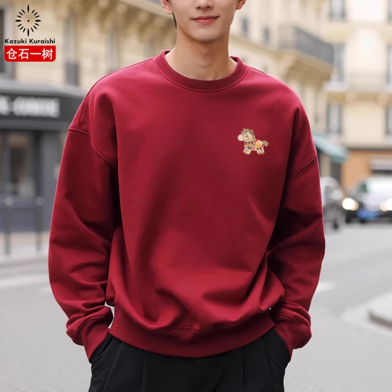 仓石一树潮流马年本命年卫衣男2026秋冬百搭酒红色衣服情侣装