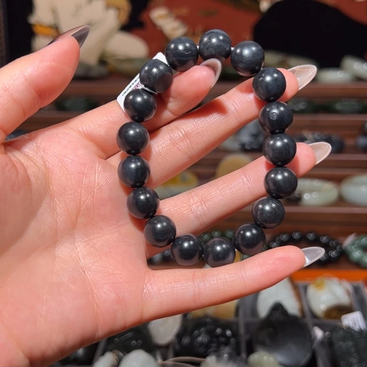 和田玉（墨玉）未镶嵌手串聚墨青花卡12手串