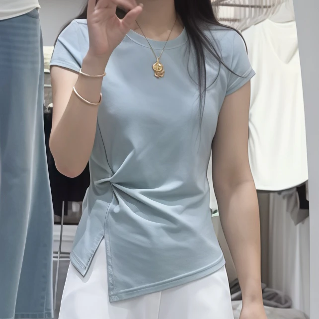 不规则短袖T恤女抽褶下摆开叉显瘦遮肉洋气设计感时尚上衣百搭潮