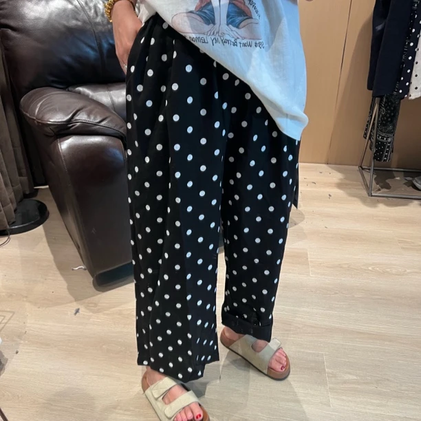 167#夏季薄款波点松紧腰阔腿裤女麻料高腰显瘦（卡码拍大）