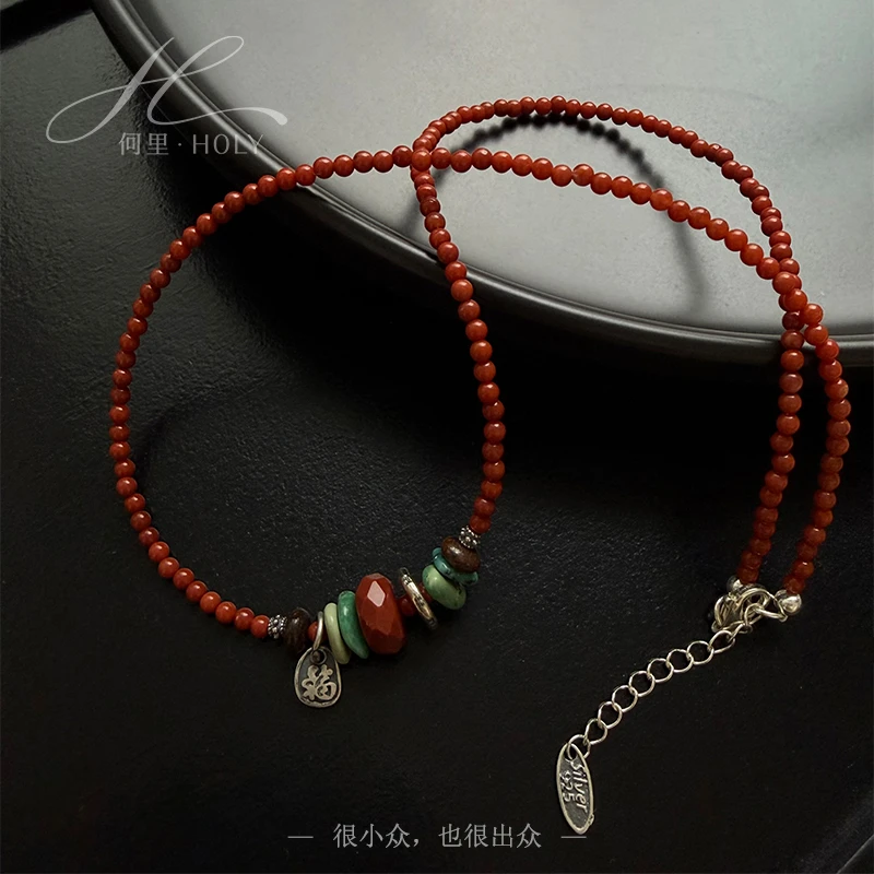 坠链均925银 【丹华】原创设计小众个性复古红色民族风串珠项链气质