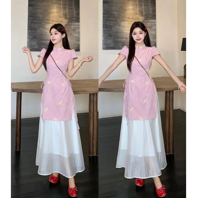大码新中式改良假两件旗袍连衣裙女2025夏季新款蜻蜓印花气质长裙
