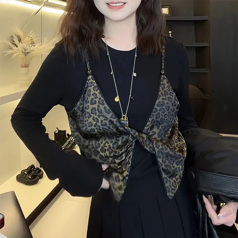 设计感假两件印花吊带拼接长袖T恤女复古时尚洋气独特漂亮上衣秋