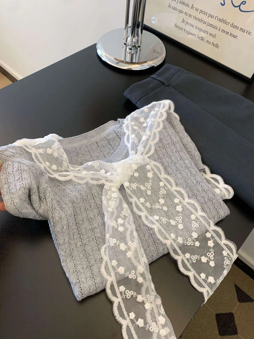 针织夏季出游镂空新款减龄设计感韩系蕾丝披肩毛衣纯色短袖T恤女