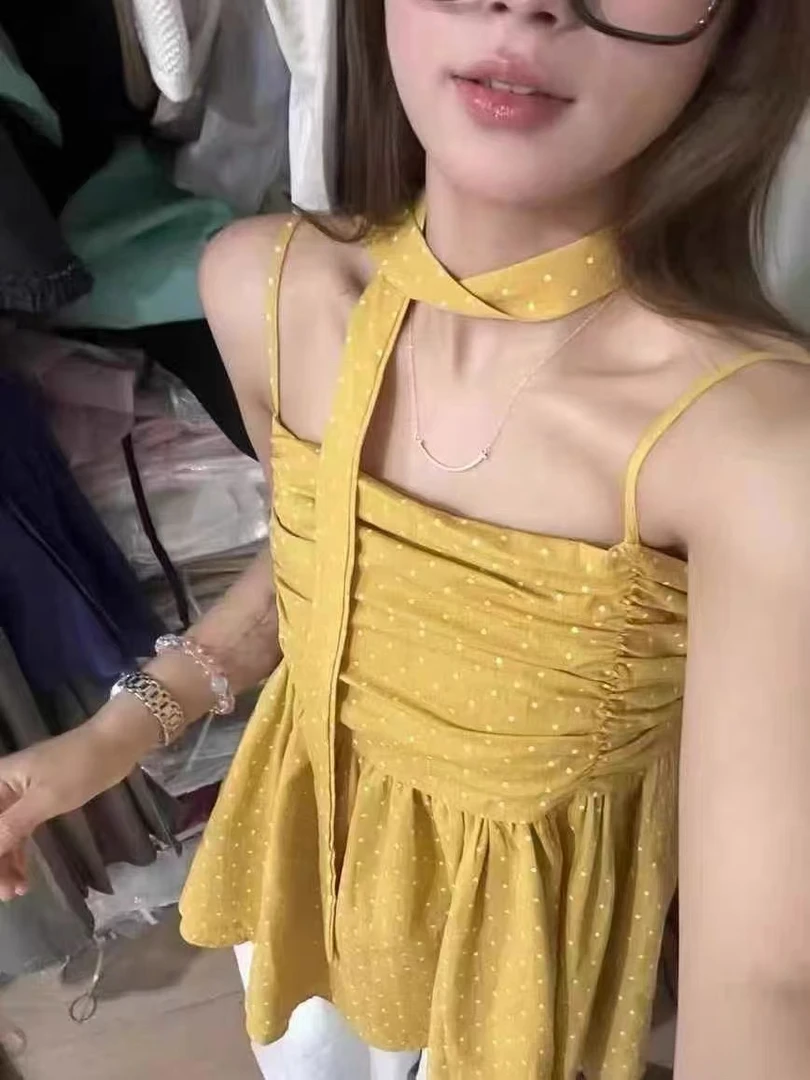 韩系波点吊带上衣+丝巾两件套（偏远地区不包邮）