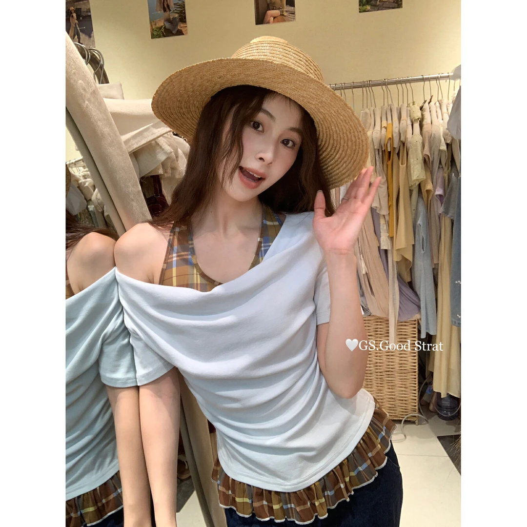 【吸睛格格】夏季甜美别致挂脖格纹心机假两件小衫上衣