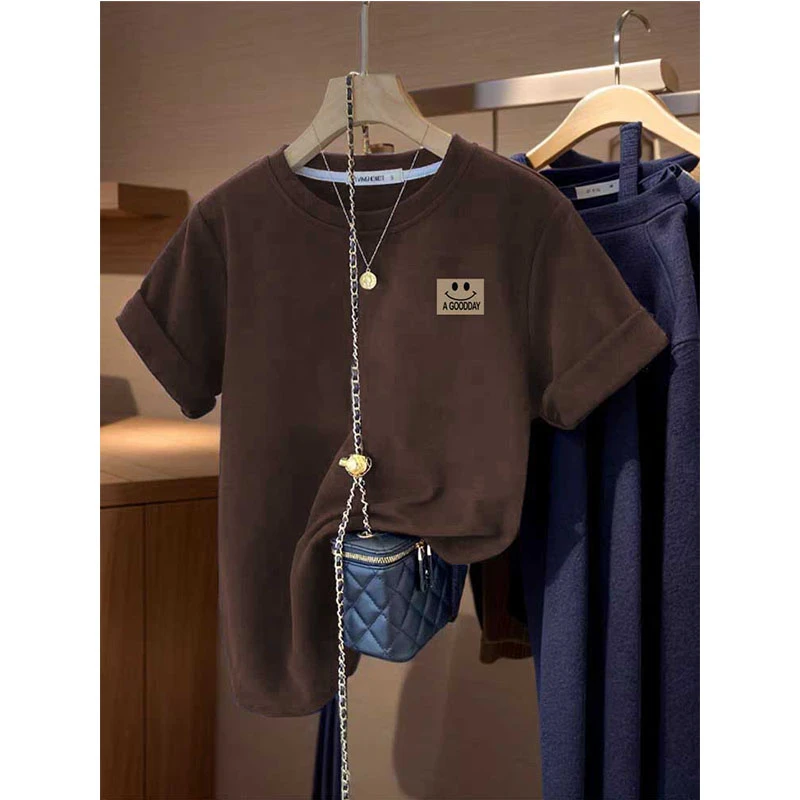 小众设计感正肩磨毛短袖t恤女宽松休闲百搭咖啡色上衣春夏秋冬季