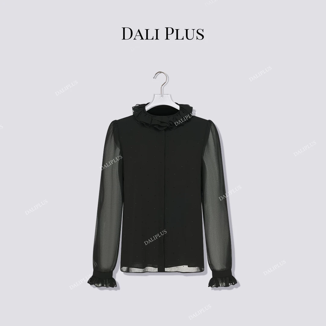 DALI PLUS“双层立领花边衬衫”精致烫钻长袖衬衫-D5ST1386