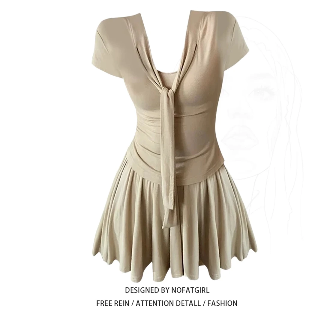 大码胖MM韩系慵懒风V领短袖T恤女温柔风半身裙2025夏装超火两件套