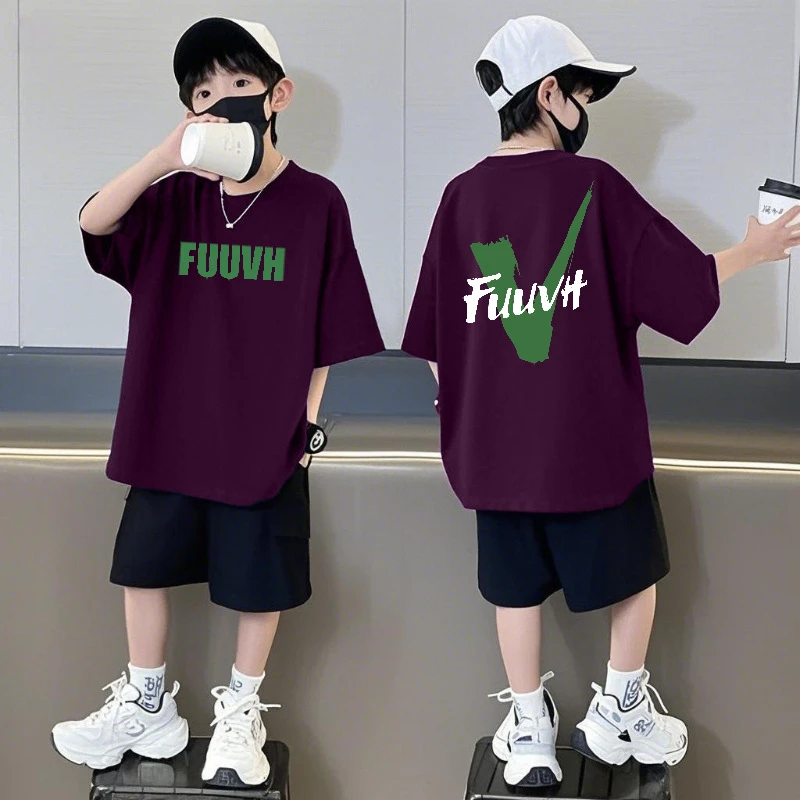 纯棉短袖短裤男童套装运动时尚儿童宽松圆领夏季新款中大童两件套