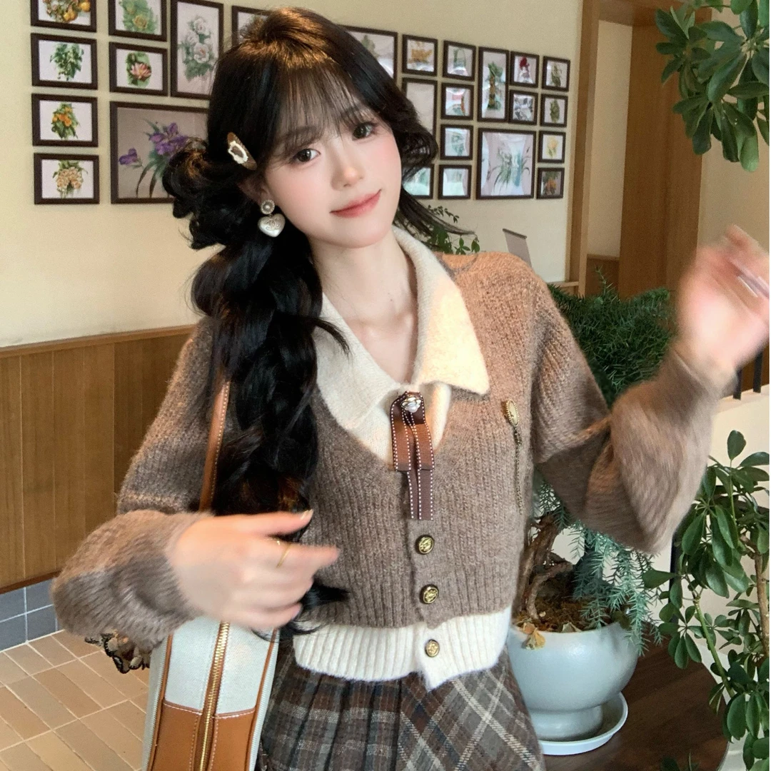 Blovelan复古胶片 美拉德风学院Polo领百搭假两件针织毛衣