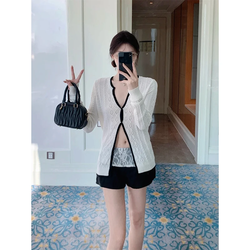 酷飒风女装高级感纯欲纽结针织开衫夏季蕾丝拼接假两件百搭短裤