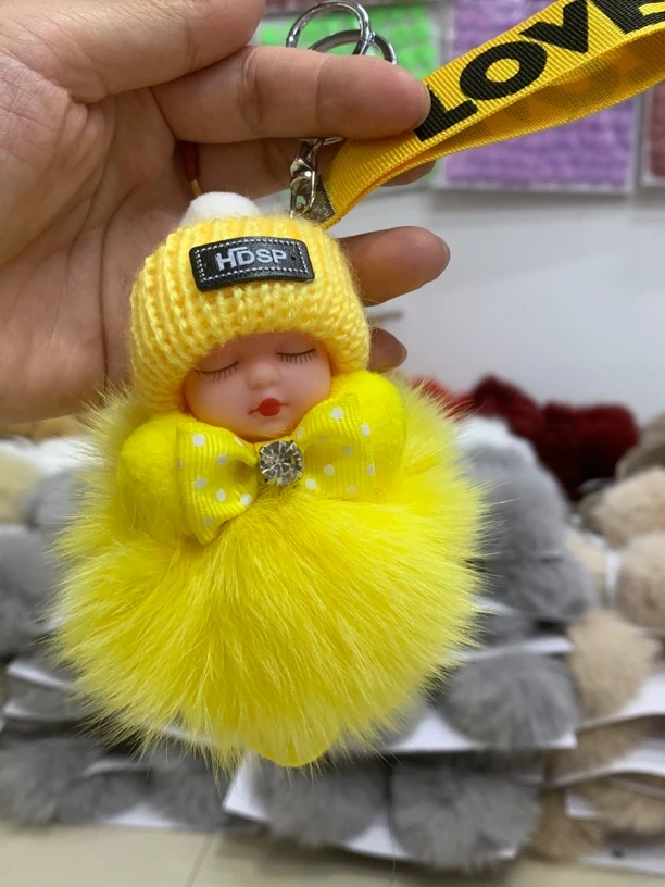 中式可爱风手工包挂件韩系带子款便携款睡娃娃真皮狐狸毛