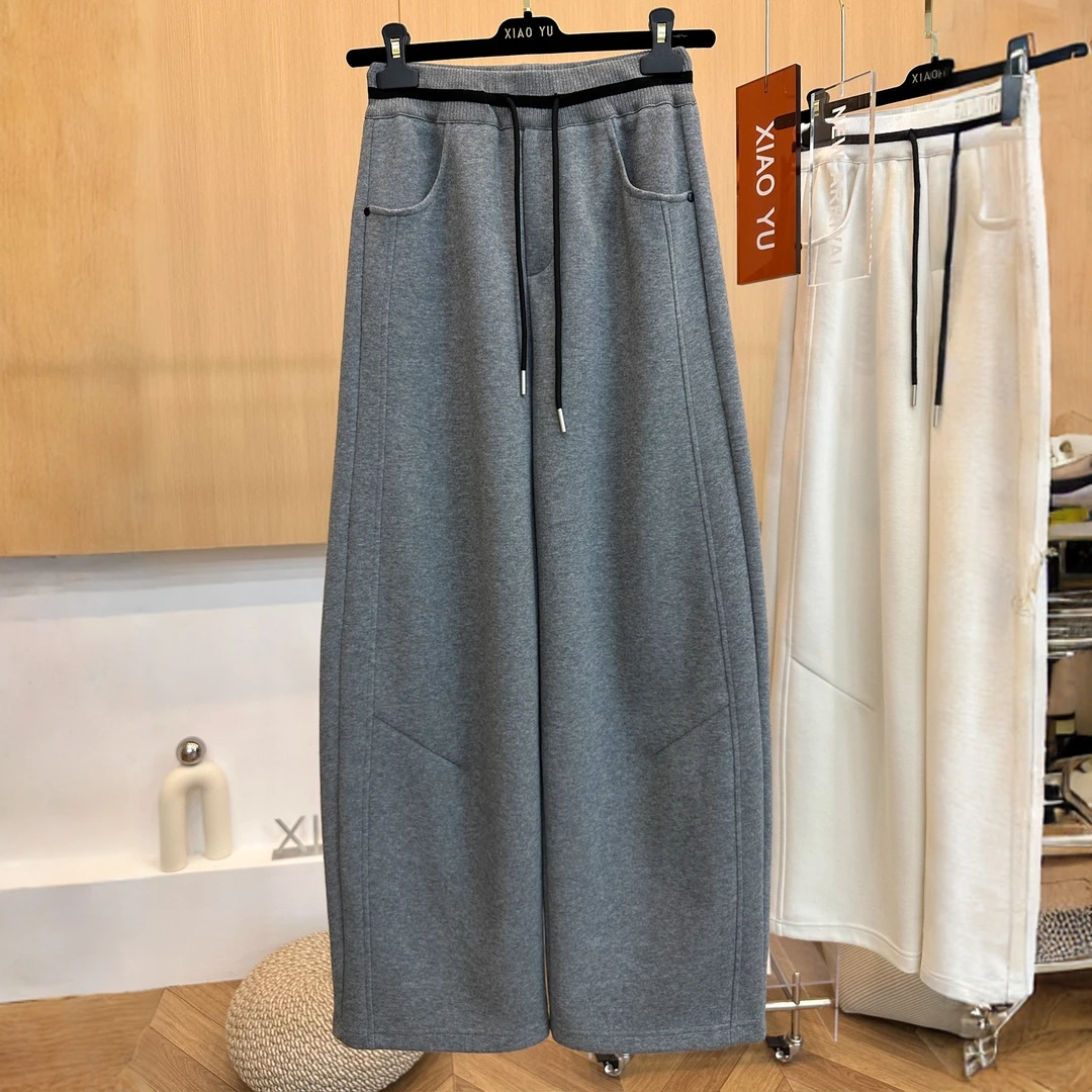 高端欧货秋季新款高级感时尚撞色抽绳松紧高腰显瘦宽松阔腿裤女