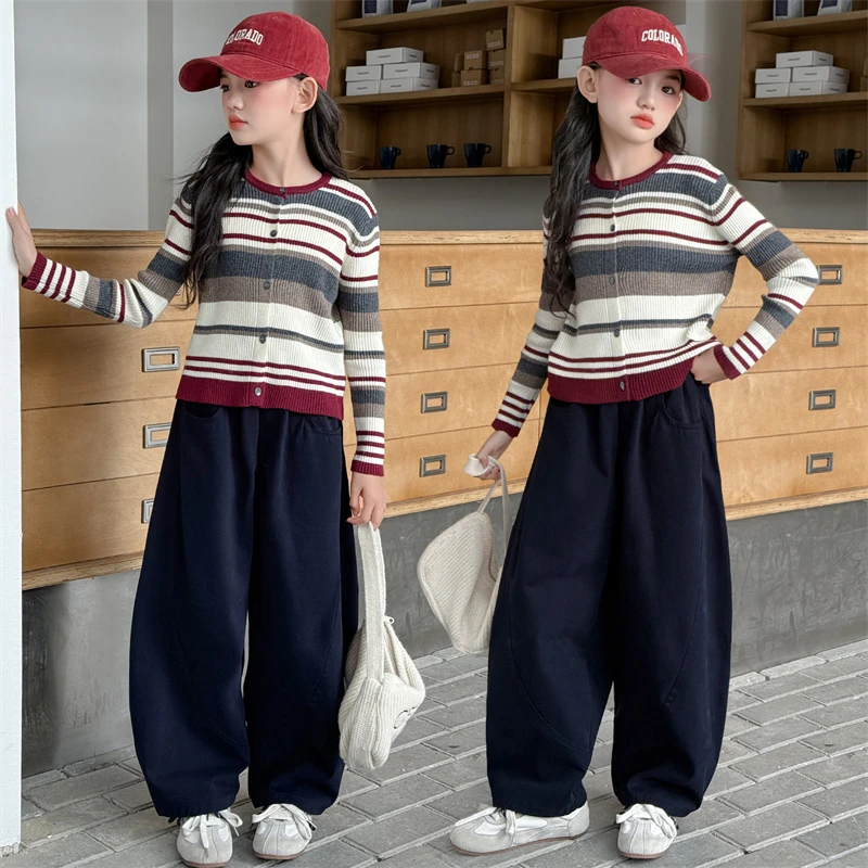 女童套装春秋2025新款韩系儿童秋季大童初中生条纹开衫毛衣两件套