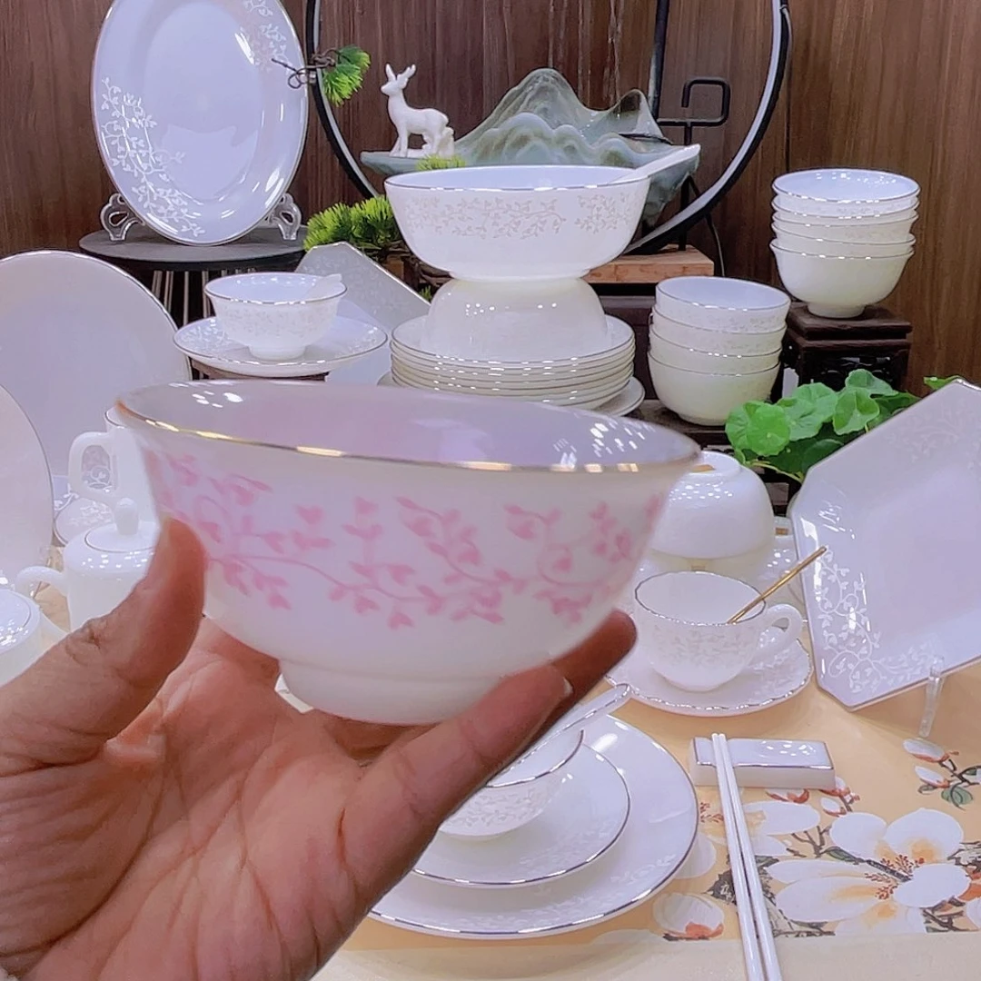 瓷粉色佳人米饭碗6个