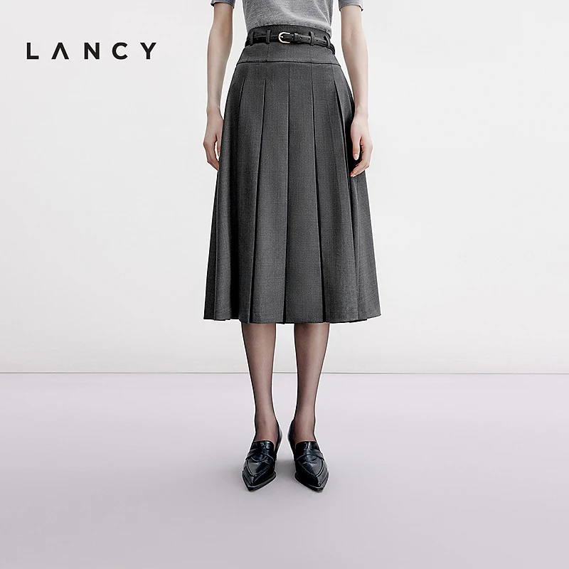 LANCY/朗姿2024秋新款绵羊毛百褶西装半身裙中长款高腰通勤半裙女