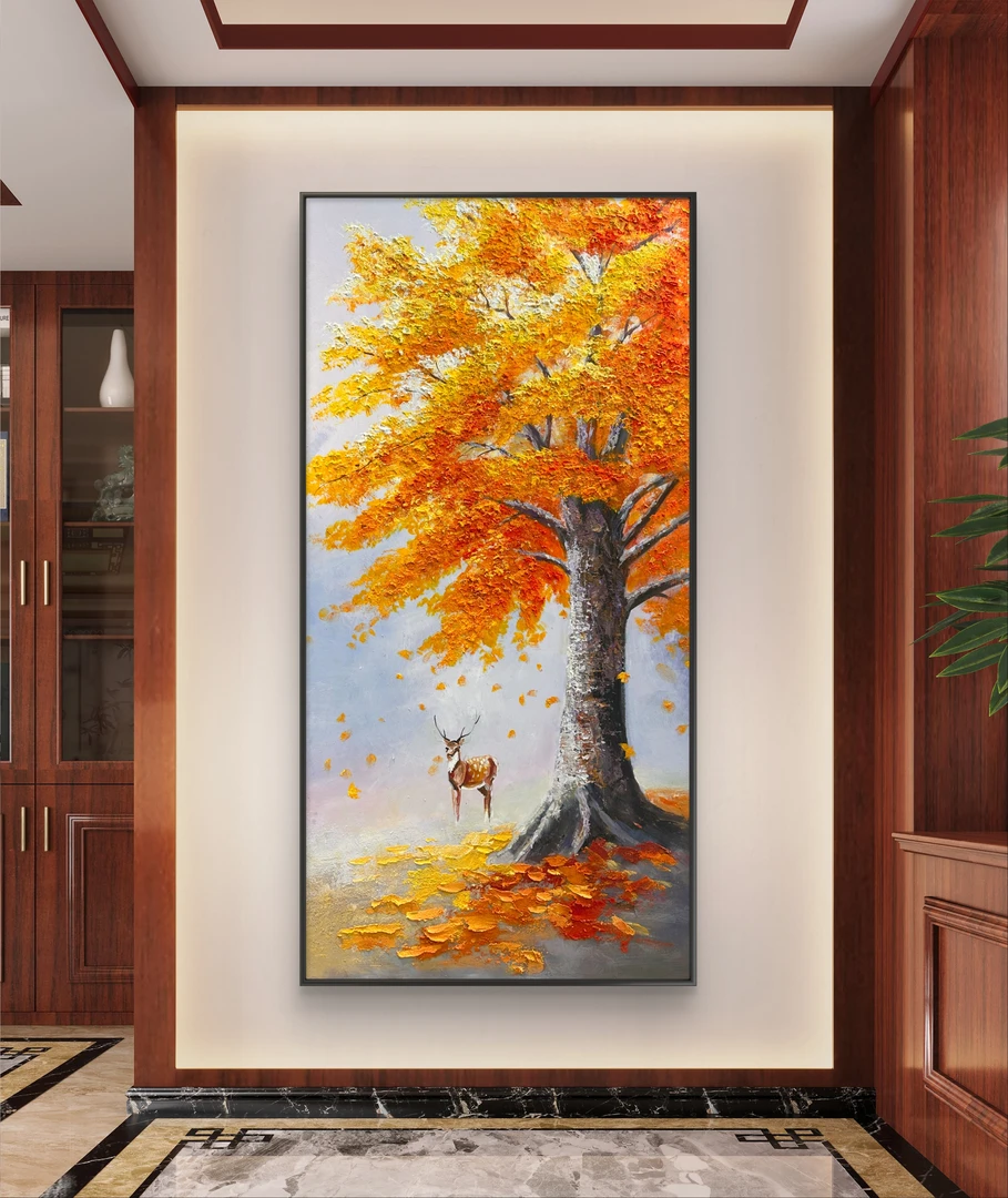 《一鹿有你》油画布纯手绘客厅玄关竖版挂画