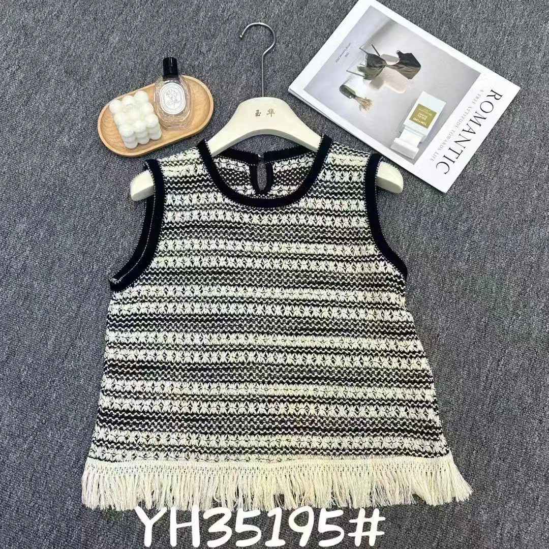 气质老钱风流苏下摆镂空无袖条纹针织背心上衣女修身短款外穿