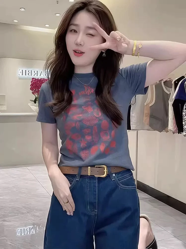 3698#灰色复古印花正肩短袖t恤女2025新款夏季时尚超好看独特上衣