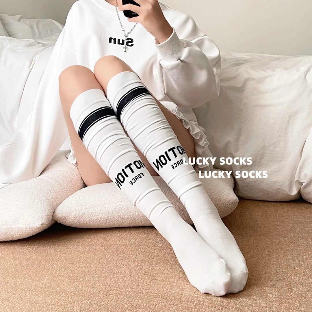 欧美街头字母袜子女纯棉ins风白色及膝春夏小腿袜秋冬运动堆堆袜