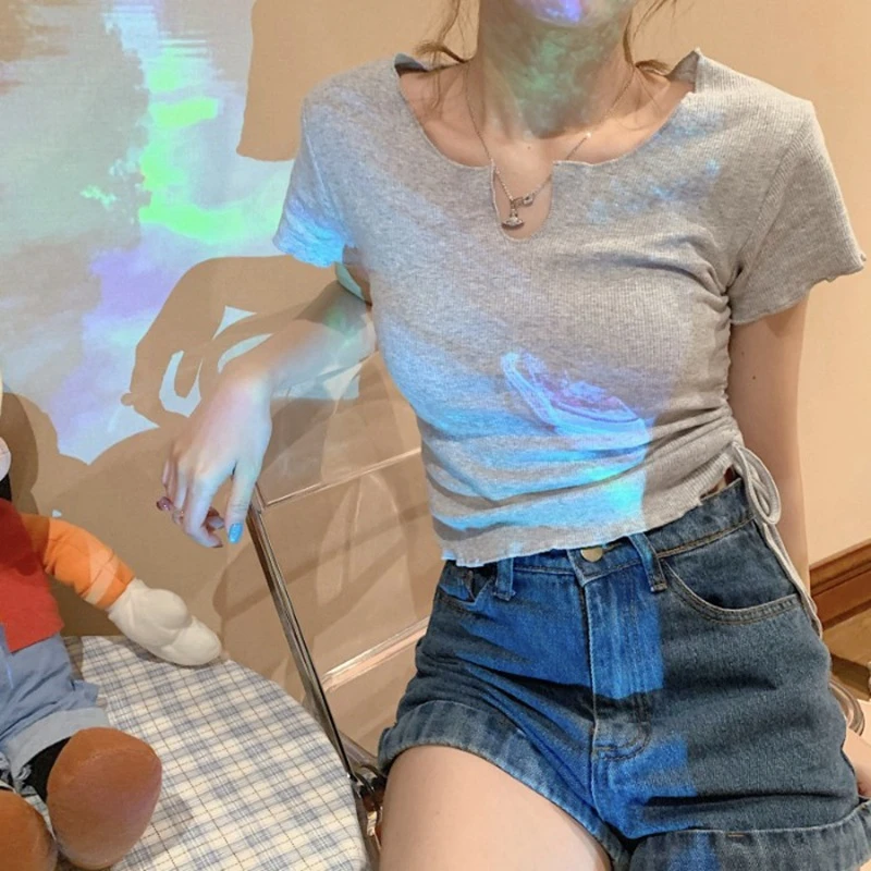 chic设计感短款抽绳上衣女装2024夏季辣妹V领修身露脐短袖T恤女潮